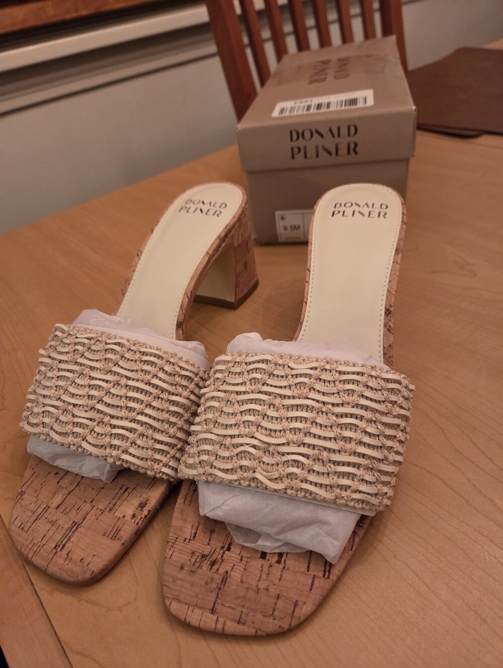 NIB Donald Pliner Danila Crochet Slide Sandals Natural Cork Block Heel 9.5 M